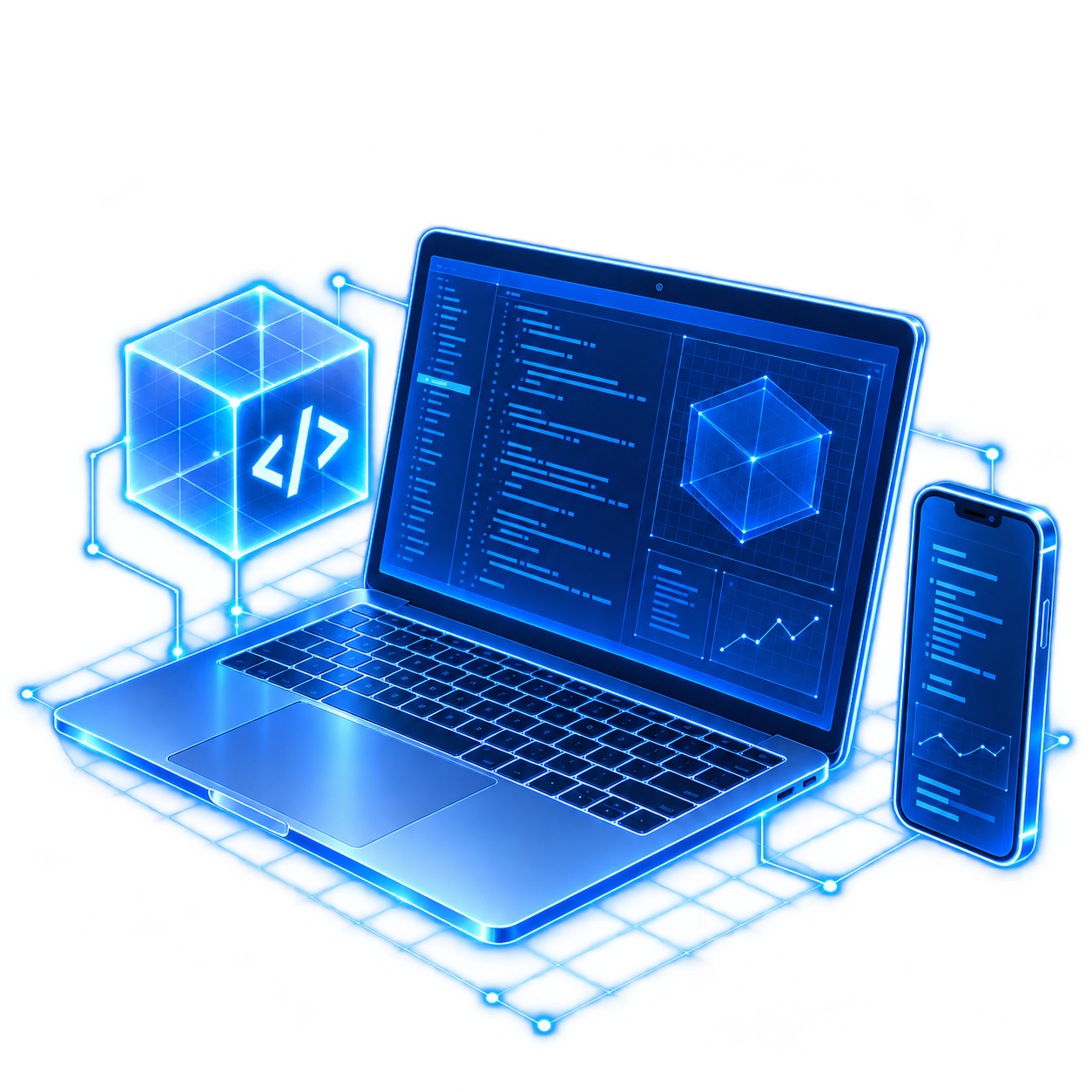 Notebook, cubo de código e celular representando engenharia de software